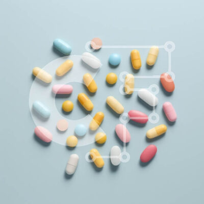 Intra Συλλεκτικό Ξύλινο Παζλ Plywood  4mm - Ποικιλία από χάπια και κάψουλες σε μπλε φόντο Σε Ξύλινο Κουτί - Διαστάσεις Puzzle: 10x10 cm – 25 κομμάτια - Image 1