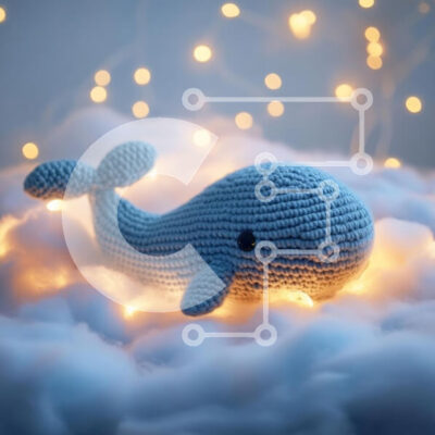 Intra Συλλεκτικό Ξύλινο Παζλ Plywood 4mm - Κροσέ μπλε φάλαινα που περιβάλλεται από νεράιδα φώτα Σε Ξύλινο Κουτί - Διαστάσεις: 10x10 cm – 25 κομμάτια - Image 1