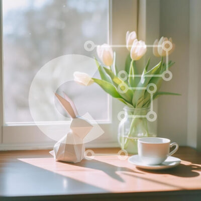 Intra Συλλεκτικό Ξύλινο Παζλ Plywood  4mm - Γαλήνια σκηνή εσωτερικού χώρου με κουνέλι Origami και τουλίπες Σε Ξύλινο Κουτί - Διαστάσεις Puzzle: 10x10 cm – 25 κομμάτια - Image 1