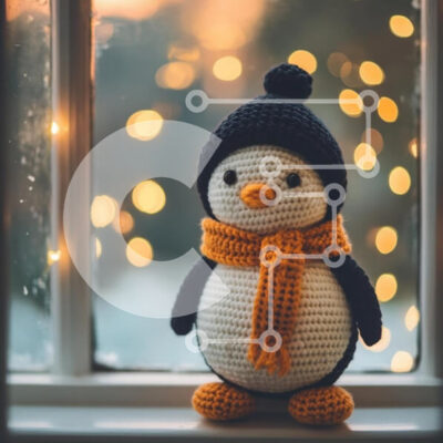 Intra Συλλεκτικό Ξύλινο Παζλ Plywood  4mm - Παιχνίδι πιγκουίνου με κροσέ με φώτα Bokeh Σε Ξύλινο Κουτί - Διαστάσεις: 10x10 cm – 25 κομμάτια - Image 1