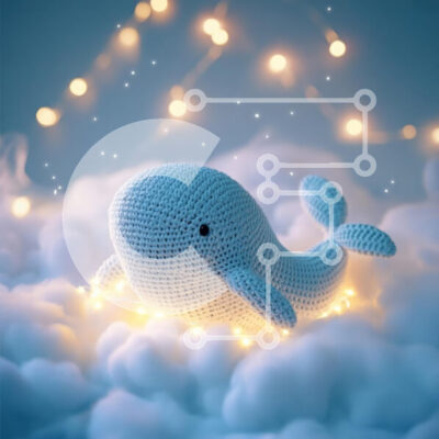 Intra Συλλεκτικό Ξύλινο Παζλ Plywood 4mm - Μπλε φάλαινα με κροσέ με νεραϊδοφώτα σε συννεφιασμένο περιβάλλον Σε Ξύλινο Κουτί - Διαστάσεις: 10x10 cm – 25 κομμάτια - Image 1