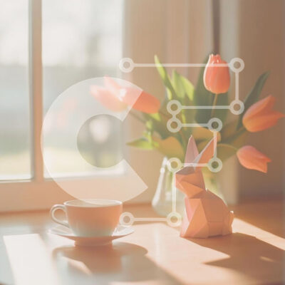 Intra Συλλεκτικό Ξύλινο Παζλ Plywood  4mm - Άνετο σκηνικό εσωτερικού χώρου με τουλίπες και κουνέλι Origami Σε Ξύλινο Κουτί - Διαστάσεις Puzzle: 10x10 cm – 25 κομμάτια - Image 1