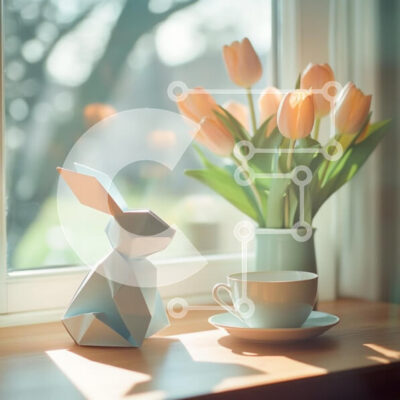 Intra Συλλεκτικό Ξύλινο Παζλ Plywood  4mm - Γαλήνιο εσωτερικό με κουνέλι Origami και τουλίπες Σε Ξύλινο Κουτί - Διαστάσεις Puzzle: 10x10 cm – 25 κομμάτια - Image 1