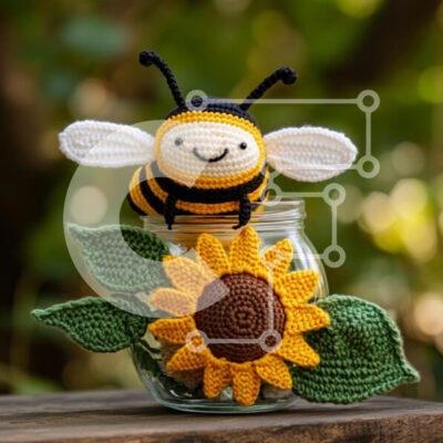 Intra Συλλεκτικό Ξύλινο Παζλ Plywood 4mm - Κροσέ μέλισσα και ηλίανθος σε βάζο Σε Ξύλινο Κουτί - Διαστάσεις Puzzle: 10x10 cm – 25 κομμάτια - Image 1