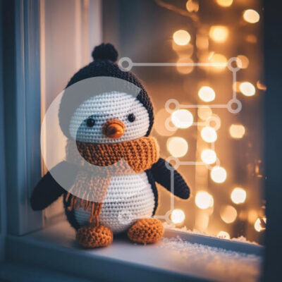 Intra Συλλεκτικό Ξύλινο Παζλ Plywood 4mm - Παιχνίδι με κροσέ πιγκουίνος σε χειμερινό περβάζι Σε Ξύλινο Κουτί - Διαστάσεις: 10x10 cm – 25 κομμάτια - Image 1