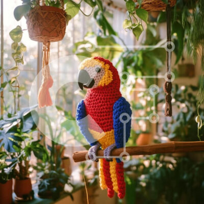 Intra Συλλεκτικό Ξύλινο Παζλ Plywood  4mm - Πολύχρωμος κροσέ παπαγάλος ανάμεσα σε φυτά Σε Ξύλινο Κουτί - Διαστάσεις Puzzle: 10x10 cm – 25 κομμάτια - Image 1