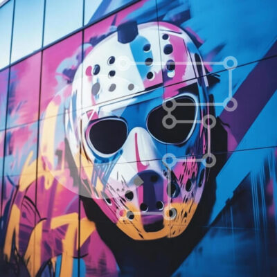 Intra Συλλεκτικό Ξύλινο Παζλ Plywood  4mm - Πολύχρωμη τοιχογραφία γκράφιτι μιας μάσκας χόκεϊ Σε Ξύλινο Κουτί - Διαστάσεις Puzzle: 10x10 cm – 25 κομμάτια - Image 1