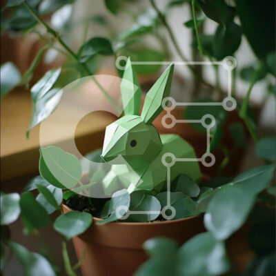 Intra Συλλεκτικό Ξύλινο Παζλ Plywood  4mm - Κουνέλι Origami που περιβάλλεται από πράσινα φυτά Σε Ξύλινο Κουτί - Διαστάσεις: 10x10 cm – 25 κομμάτια - Image 1