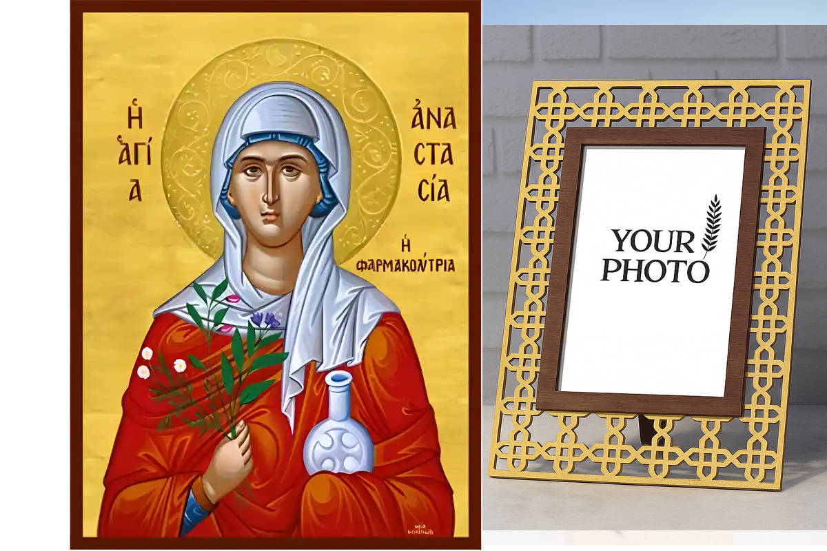 Εικόνα Ορθοδοξίας Πολυτελείας με σχεδιο Σταυρούς μαζι με Βάση σε 8 χρώματα με περίγραμμα χρυσό σε ξύλο Plywood (Πλακάζ) με βάση Εικόνα Αγία Αναστασία Φαρμακολύτρια Χειροποίητη Ελληνορθόδοξη , Κρεμαστή πλάκα βυζαντινής τέχνης, χριστιανική τέχνη Διάσταση 10x7 cm (3,9 x 2,8 ίντσες) INTRAEK3kadro3211-670689