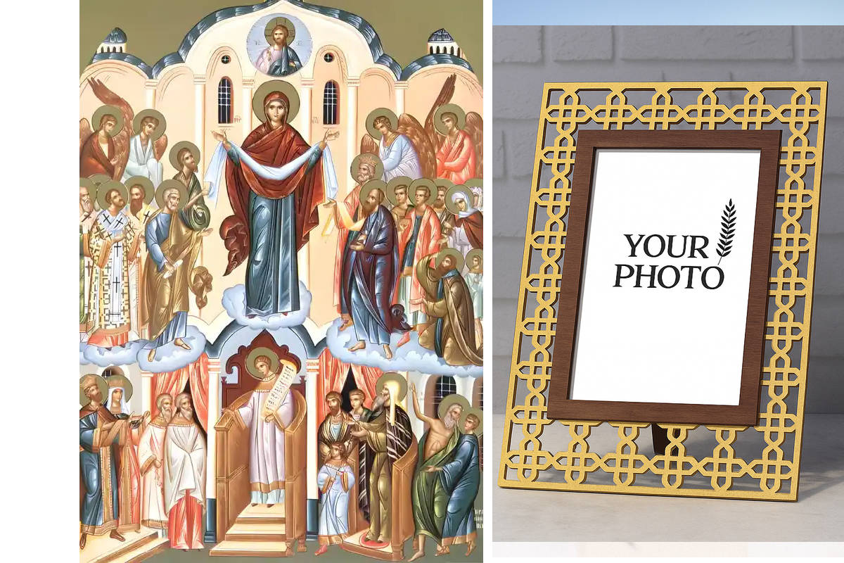 Εικόνα Ορθοδοξίας Πολυτελείας με σχεδιο Σταυρούς μαζι με Βάση σε 8 χρώματα με περίγραμμα χρυσό σε ξύλο Plywood (Πλακάζ) με βάση Εικόνα Παναγία η Αγία Σκέπη Χειροποίητη Ελληνορθόδοξη , Κρεμαστή πλάκα βυζαντινής τέχνης, χριστιανική τέχνη Διάσταση 10x7 cm (3,9 x 2,8 ίντσες) INTRAEK3kadro3211-671274