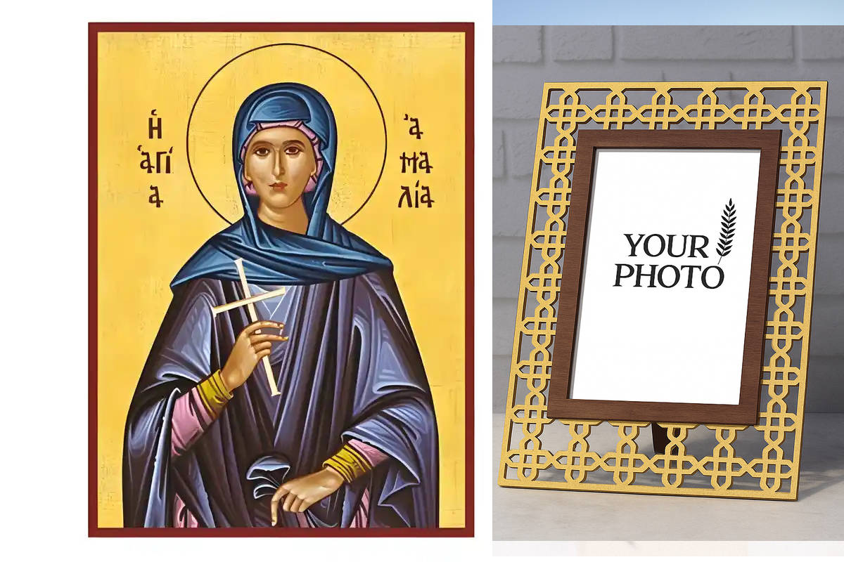 Εικόνα Ορθοδοξίας Πολυτελείας με σχεδιο Σταυρούς μαζι με Βάση σε 8 χρώματα με περίγραμμα χρυσό σε ξύλο Plywood (Πλακάζ) με βάση Εικόνα Αγία Αμαλία Χειροποίητη Ελληνορθόδοξη , Κρεμαστή πλάκα βυζαντινής τέχνης, χριστιανική τέχνη Διάσταση 10x7 cm (3,9 x 2,8 ίντσες) INTRAEK3kadro3211-670693