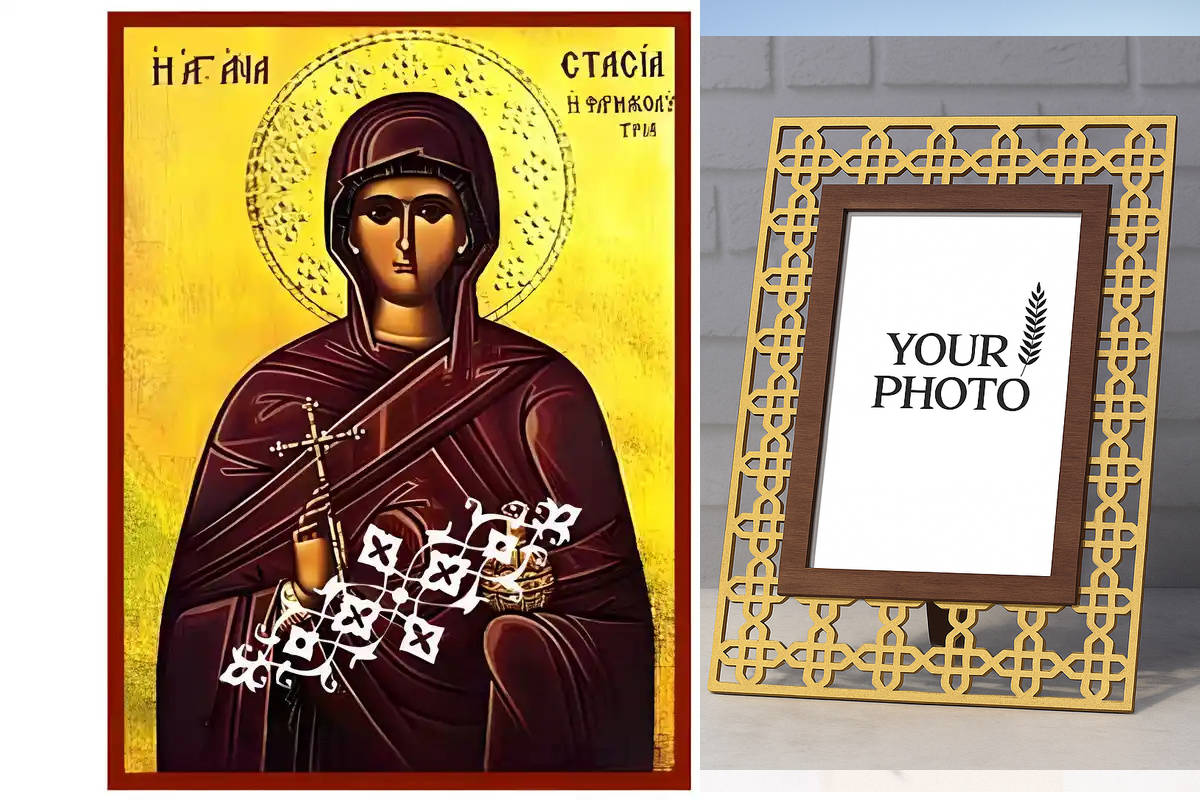 Εικόνα Ορθοδοξίας Πολυτελείας με σχεδιο Σταυρούς μαζι με Βάση σε 8 χρώματα με περίγραμμα χρυσό σε ξύλο Plywood (Πλακάζ) με βάση Εικόνα Αγία Αναστασία Φαρμακολύτρια Χειροποίητη Ελληνορθόδοξη , Κρεμαστή πλάκα βυζαντινής τέχνης, χριστιανική τέχνη Διάσταση 10x7 cm (3,9 x 2,8 ίντσες) INTRAEK3kadro3211-670685