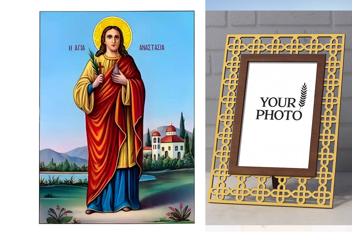 Εικόνα Ορθοδοξίας Πολυτελείας με σχεδιο Σταυρούς μαζι με Βάση σε 8 χρώματα με περίγραμμα χρυσό σε ξύλο Plywood (Πλακάζ) με βάση Εικόνα Αγία Αναστασία Φαρμακολύτρια Χειροποίητη Ελληνορθόδοξη , Κρεμαστή πλάκα βυζαντινής τέχνης, χριστιανική τέχνη Διάσταση 10x7 cm (3,9 x 2,8 ίντσες) INTRAEK3kadro3211-670686