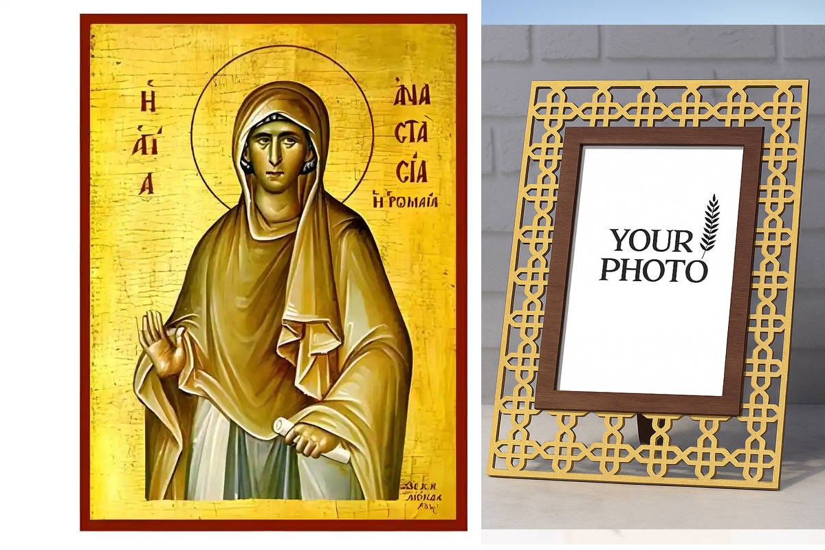 Εικόνα Ορθοδοξίας Πολυτελείας με σχεδιο Σταυρούς μαζι με Βάση σε 8 χρώματα με περίγραμμα χρυσό σε ξύλο Plywood (Πλακάζ) με βάση Εικόνα Αγία Αναστασία Ρωμαία Χειροποίητη Ελληνορθόδοξη , Κρεμαστή πλάκα βυζαντινής τέχνης, χριστιανική τέχνη Διάσταση 10x7 cm (3,9 x 2,8 ίντσες) INTRAEK3kadro3211-670691