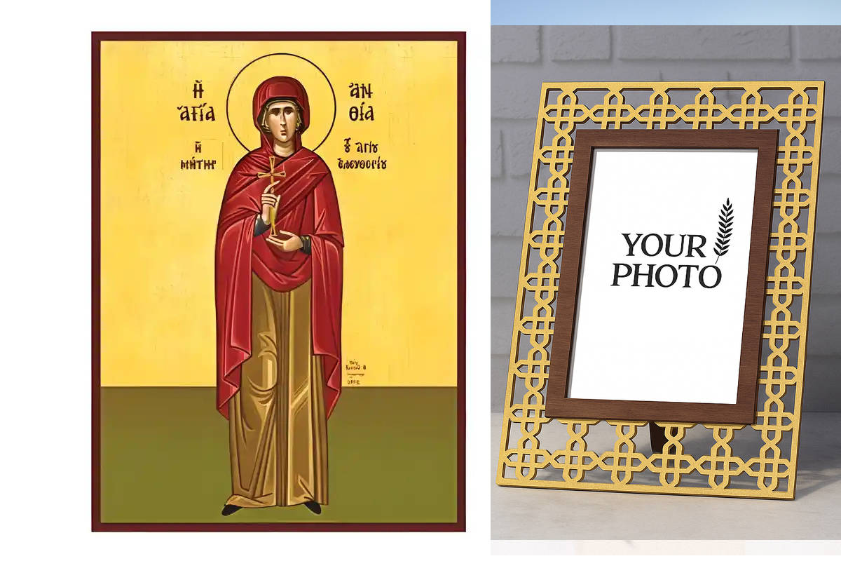 Εικόνα Ορθοδοξίας Πολυτελείας με σχεδιο Σταυρούς μαζι με Βάση σε 8 χρώματα με περίγραμμα χρυσό σε ξύλο Plywood (Πλακάζ) με βάση Εικόνα Αγία Ανθία Χειροποίητη Ελληνορθόδοξη , Κρεμαστή πλάκα βυζαντινής τέχνης, χριστιανική τέχνη Διάσταση 10x7 cm (3,9 x 2,8 ίντσες) INTRAEK3kadro3211-670684