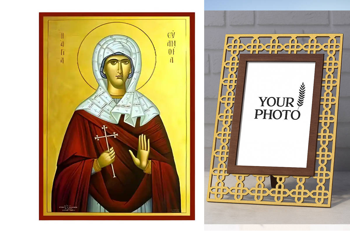 Εικόνα Ορθοδοξίας Πολυτελείας με σχεδιο Σταυρούς μαζι με Βάση σε 8 χρώματα με περίγραμμα χρυσό σε ξύλο Plywood (Πλακάζ) με βάση Εικόνα Αγία Ευανθία Χειροποίητη Ελληνορθόδοξη , Κρεμαστή πλάκα βυζαντινής τέχνης, χριστιανική τέχνη Διάσταση 10x7 cm (3,9 x 2,8 ίντσες) INTRAEK3kadro3211-670636