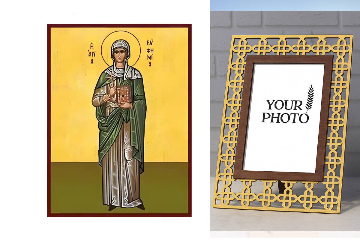 Εικόνα Ορθοδοξίας Πολυτελείας με σχεδιο Σταυρούς μαζι με Βάση σε 8 χρώματα με περίγραμμα χρυσό σε ξύλο Plywood (Πλακάζ) με βάση Εικόνα Αγία Ευφημία Χειροποίητη Ελληνορθόδοξη , Κρεμαστή πλάκα βυζαντινής τέχνης, χριστιανική τέχνη Διάσταση 10x7 cm (3,9 x 2,8 ίντσες) INTRAEK3kadro3211-670626