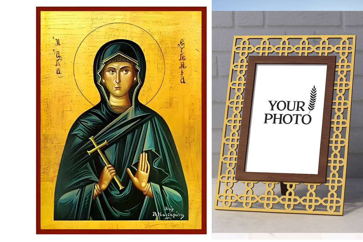 Εικόνα Ορθοδοξίας Πολυτελείας με σχεδιο Σταυρούς μαζι με Βάση σε 8 χρώματα με περίγραμμα χρυσό σε ξύλο Plywood (Πλακάζ) με βάση Εικόνα Αγία Ευγενία Χειροποίητη Ελληνορθόδοξη , Κρεμαστή πλάκα βυζαντινής τέχνης, χριστιανική τέχνη Διάσταση 10x7 cm (3,9 x 2,8 ίντσες) INTRAEK3kadro3211-670635