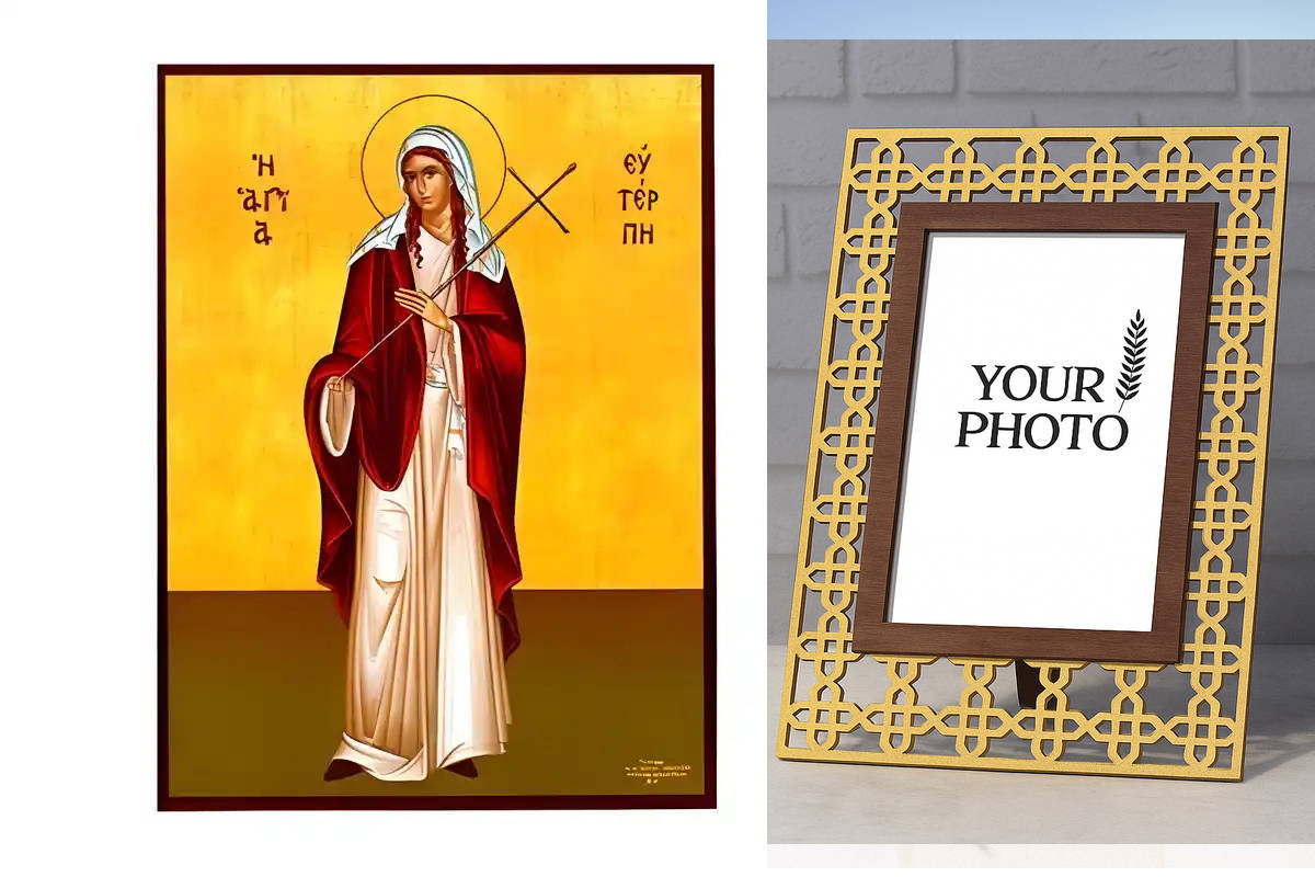 Εικόνα Ορθοδοξίας Πολυτελείας με σχεδιο Σταυρούς μαζι με Βάση σε 8 χρώματα με περίγραμμα χρυσό σε ξύλο Plywood (Πλακάζ) με βάση Εικόνα Αγία Ευτέρπη Χειροποίητη Ελληνορθόδοξη , Κρεμαστή πλάκα βυζαντινής τέχνης, χριστιανική τέχνη Διάσταση 10x7 cm (3,9 x 2,8 ίντσες) INTRAEK3kadro3211-670629