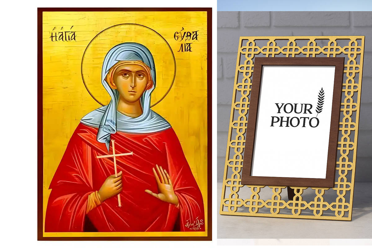 Εικόνα Ορθοδοξίας Πολυτελείας με σχεδιο Σταυρούς μαζι με Βάση σε 8 χρώματα με περίγραμμα χρυσό σε ξύλο Plywood (Πλακάζ) με βάση Εικόνα Αγία Ευθαλία Χειροποίητη Ελληνορθόδοξη , Κρεμαστή πλάκα βυζαντινής τέχνης, χριστιανική τέχνη Διάσταση 10x7 cm (3,9 x 2,8 ίντσες) INTRAEK3kadro3211-670632