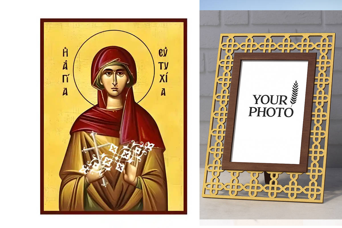 Εικόνα Ορθοδοξίας Πολυτελείας με σχεδιο Σταυρούς μαζι με Βάση σε 8 χρώματα με περίγραμμα χρυσό σε ξύλο Plywood (Πλακάζ) με βάση Εικόνα Αγια Ευτυχια Χειροποίητη Ελληνορθόδοξη , Κρεμαστή πλάκα βυζαντινής τέχνης, χριστιανική τέχνη Διάσταση 10x7 cm (3,9 x 2,8 ίντσες) INTRAEK3kadro3211-670628