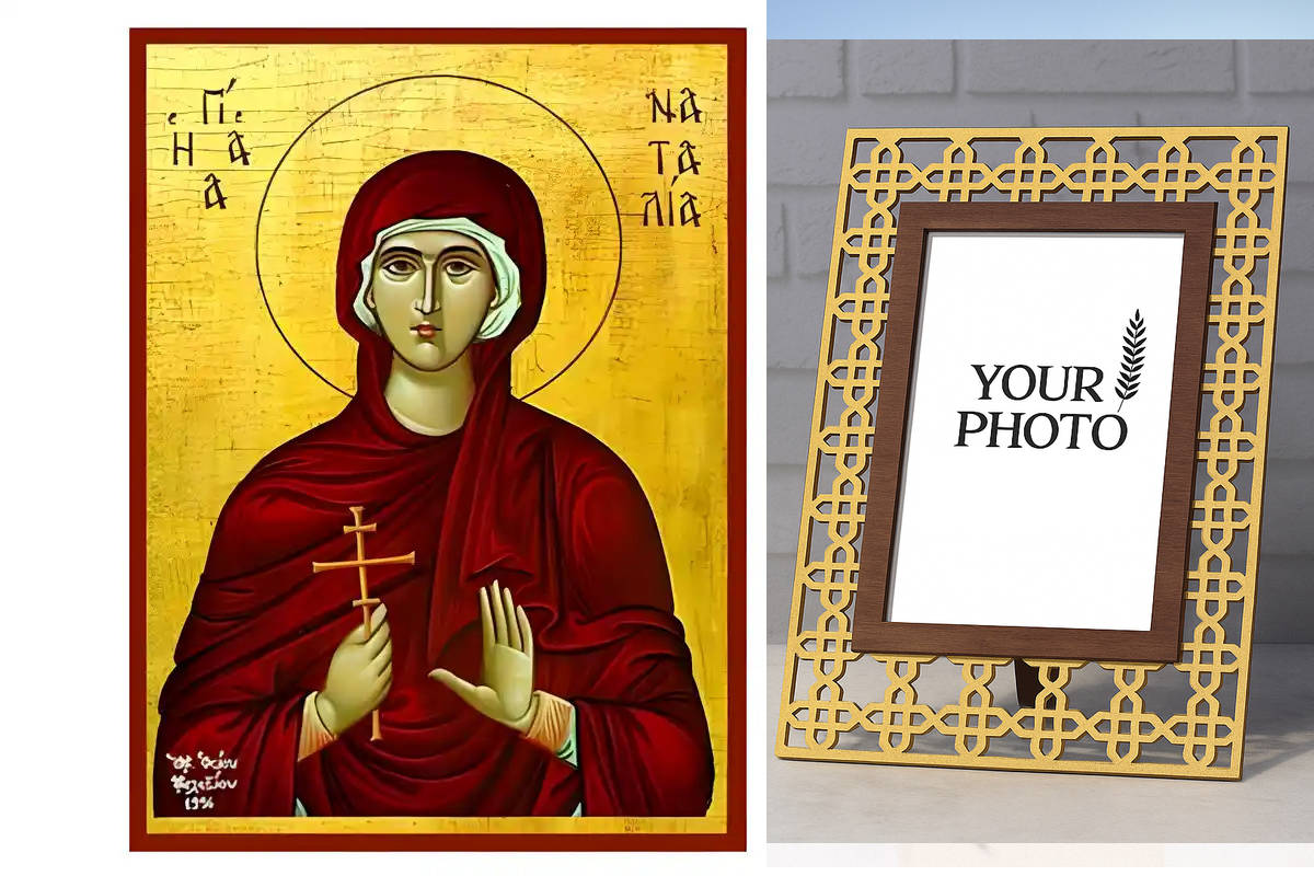 Εικόνα Ορθοδοξίας Πολυτελείας με σχεδιο Σταυρούς μαζι με Βάση σε 8 χρώματα με περίγραμμα χρυσό σε ξύλο Plywood (Πλακάζ) με βάση Εικόνα Αγία Ναταλία Χειροποίητη Ελληνορθόδοξη , Κρεμαστή πλάκα βυζαντινής τέχνης, χριστιανική τέχνη Διάσταση 10x7 cm (3,9 x 2,8 ίντσες) INTRAEK3kadro3211-670562