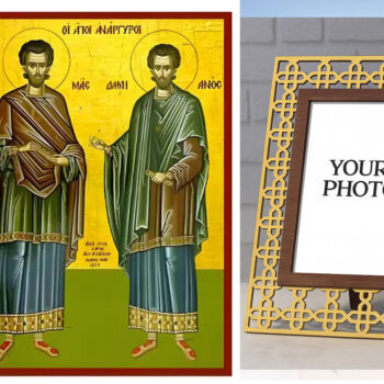 Εικόνα Ορθοδοξίας Πολυτελείας  με  σχεδιο Σταυρούς μαζι με  Βάση σε  8 χρώματα με περίγραμμα χρυσό σε ξύλο Plywood (Πλακάζ)   με  βάση Εικόνα Άγιοι Ανάργυροι Χειροποίητη Ελληνορθόδοξη , Κρεμαστή πλάκα βυζαντινής τέχνης, χριστιανική τέχνη Διάσταση 10x7 cm (3,9 x 2,8 ίντσες) INTRAEK3kadro3211-671167 - Image 1