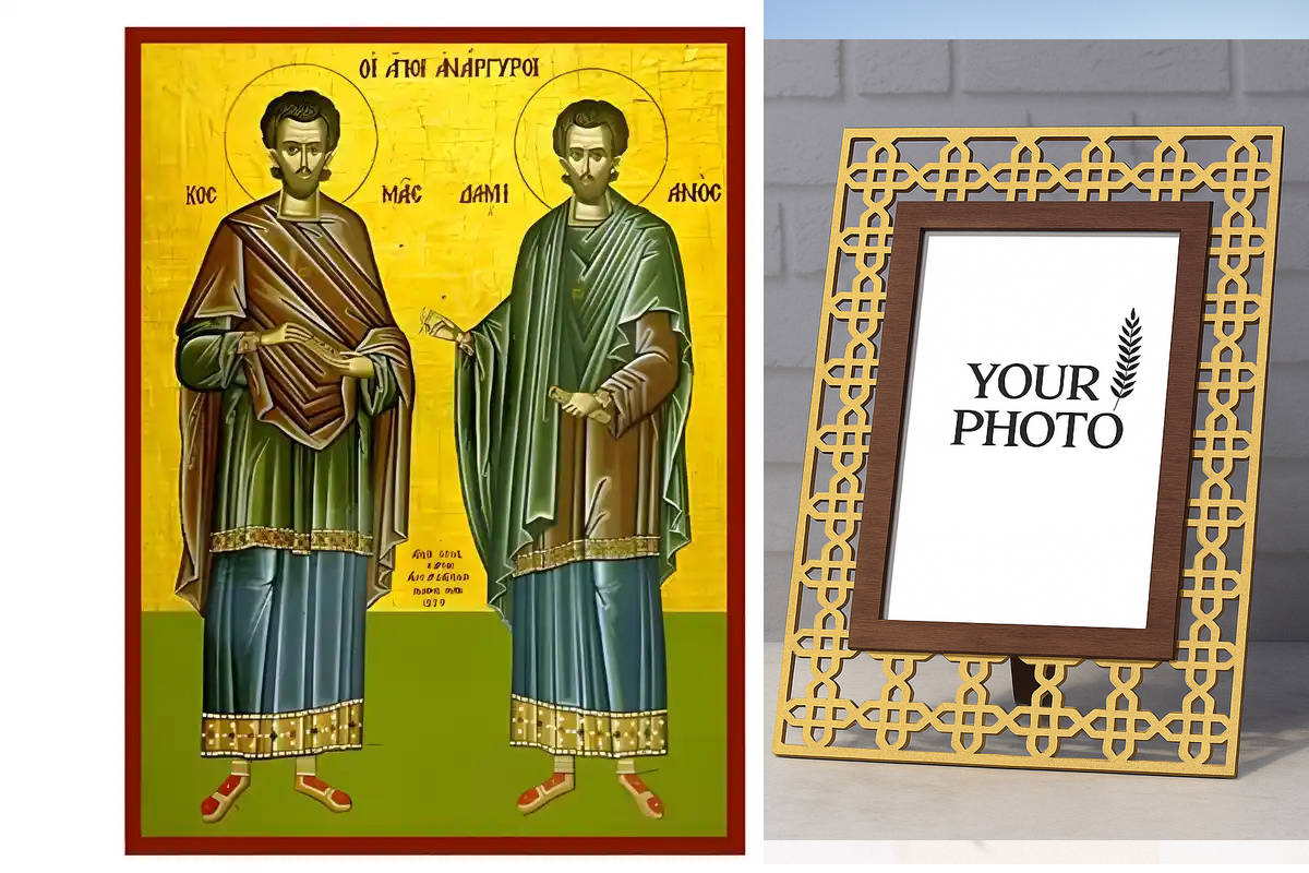 Εικόνα Ορθοδοξίας Πολυτελείας  με  σχεδιο Σταυρούς μαζι με  Βάση σε  8 χρώματα με περίγραμμα χρυσό σε ξύλο Plywood (Πλακάζ)   με  βάση Εικόνα Άγιοι Ανάργυροι Χειροποίητη Ελληνορθόδοξη , Κρεμαστή πλάκα βυζαντινής τέχνης, χριστιανική τέχνη Διάσταση 10x7 cm (3,9 x 2,8 ίντσες) INTRAEK3kadro3211-671167 - Image 1