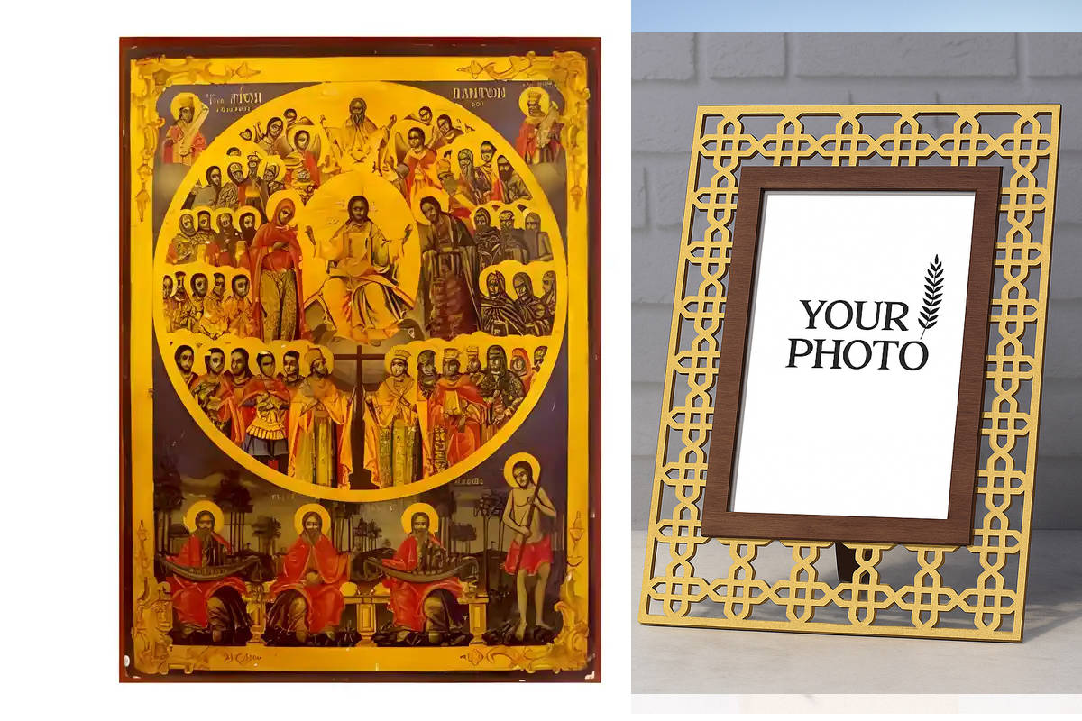 Εικόνα Ορθοδοξίας Πολυτελείας  με  σχεδιο Σταυρούς μαζι με  Βάση σε  8 χρώματα με περίγραμμα χρυσό σε ξύλο Plywood (Πλακάζ)   με  βάση Εικόνα Άγιοι Πάντες Χειροποίητη Ελληνορθόδοξη , Κρεμαστή πλάκα βυζαντινής τέχνης, χριστιανική τέχνη Διάσταση 10x7 cm (3,9 x 2,8 ίντσες) INTRAEK3kadro3211-671112