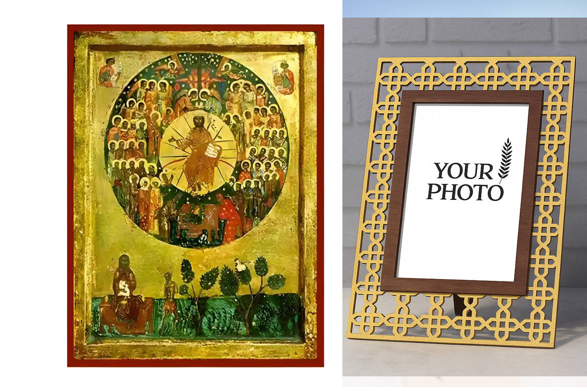 Εικόνα Ορθοδοξίας Πολυτελείας  με  σχεδιο Σταυρούς μαζι με  Βάση σε  8 χρώματα με περίγραμμα χρυσό σε ξύλο Plywood (Πλακάζ)   με  βάση Εικόνα Άγιοι Πάντες Χειροποίητη Ελληνορθόδοξη , Κρεμαστή πλάκα βυζαντινής τέχνης, χριστιανική τέχνη Διάσταση 10x7 cm (3,9 x 2,8 ίντσες) INTRAEK3kadro3211-671114