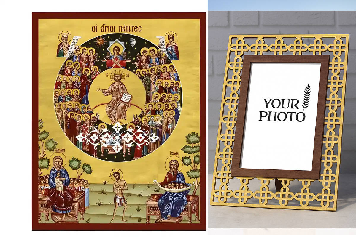 Εικόνα Ορθοδοξίας Πολυτελείας  με  σχεδιο Σταυρούς μαζι με  Βάση σε  8 χρώματα με περίγραμμα χρυσό σε ξύλο Plywood (Πλακάζ)   με  βάση Εικόνα Άγιοι Πάντες Χειροποίητη Ελληνορθόδοξη , Κρεμαστή πλάκα βυζαντινής τέχνης, χριστιανική τέχνη Διάσταση 10x7 cm (3,9 x 2,8 ίντσες) INTRAEK3kadro3211-671113