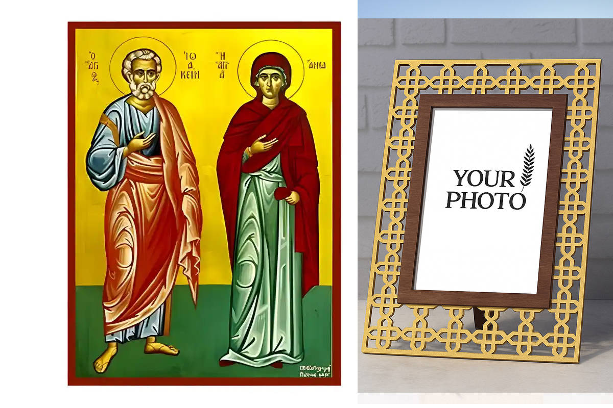 Εικόνα Ορθοδοξίας Πολυτελείας  με  σχεδιο Σταυρούς μαζι με  Βάση σε  8 χρώματα με περίγραμμα χρυσό σε ξύλο Plywood (Πλακάζ)   με  βάση Εικόνα Άγιοι Θεοπάτορες, Άγιοι Ιωακείμ και Άννα Χειροποίητη Ελληνορθόδοξη , Κρεμαστή πλάκα βυζαντινής τέχνης, χριστιανική τέχνη Διάσταση 10x7 cm (3,9 x 2,8 ίντσες) INTRAEK3kadro3211-670488