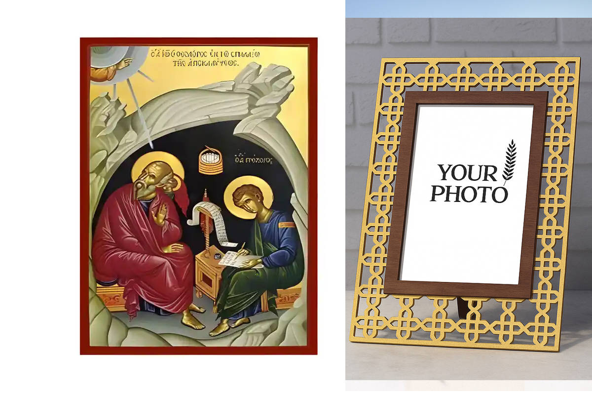 Εικόνα Ορθοδοξίας Πολυτελείας  με  σχεδιο Σταυρούς μαζι με  Βάση σε  8 χρώματα με περίγραμμα χρυσό σε ξύλο Plywood (Πλακάζ)   με  βάση Εικόνα Άγιοι Ιωάννης Θεολόγος και Πρόχορος Χειροποίητη Ελληνορθόδοξη , Κρεμαστή πλάκα βυζαντινής τέχνης, χριστιανική τέχνη Διάσταση 10x7 cm (3,9 x 2,8 ίντσες) INTRAEK3kadro3211-671136