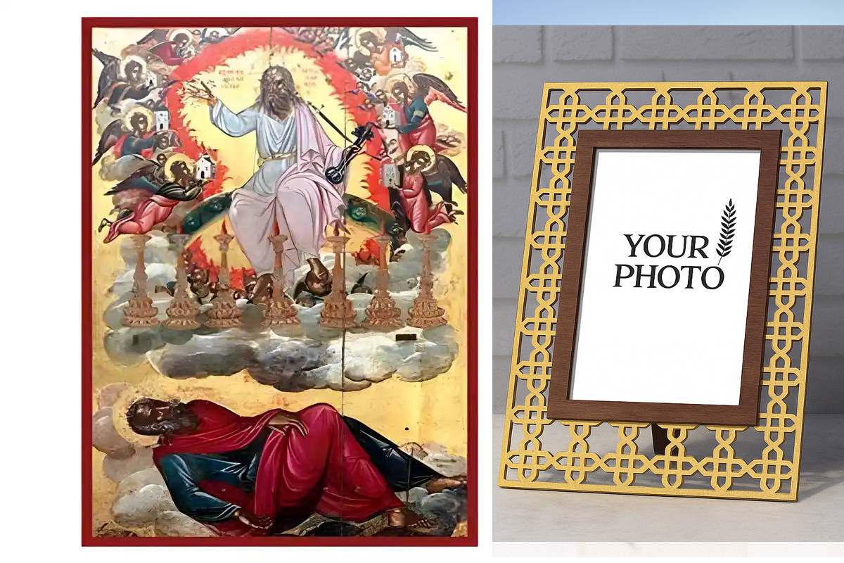 Εικόνα Ορθοδοξίας Πολυτελείας  με  σχεδιο Σταυρούς μαζι με  Βάση σε  8 χρώματα με περίγραμμα χρυσό σε ξύλο Plywood (Πλακάζ)   με  βάση Εικόνα Άγιος Ιωάννης Θεολόγος, το Όραμα Χειροποίητη Ελληνορθόδοξη , Κρεμαστή πλάκα βυζαντινής τέχνης, χριστιανική τέχνη Διάσταση 10x7 cm (3,9 x 2,8 ίντσες) INTRAEK3kadro3211-671059