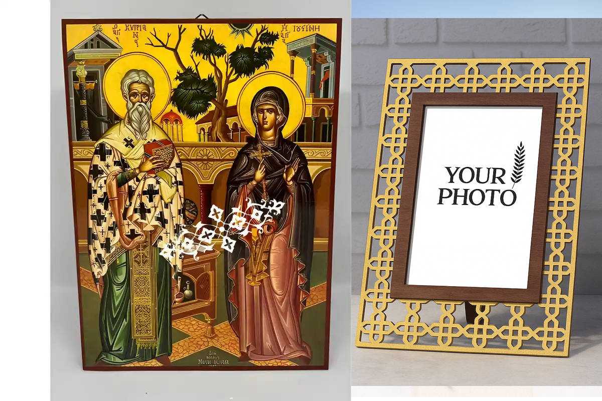 Εικόνα Ορθοδοξίας Πολυτελείας  με  σχεδιο Σταυρούς μαζι με  Βάση σε  8 χρώματα με περίγραμμα χρυσό σε ξύλο Plywood (Πλακάζ)   με  βάση Εικόνα Άγιοι Κυπριανός και Ιουστίνη Χειροποίητη Ελληνορθόδοξη , Κρεμαστή πλάκα βυζαντινής τέχνης, χριστιανική τέχνη Διάσταση 10x7 cm (3,9 x 2,8 ίντσες) INTRAEK3kadro3211-670480