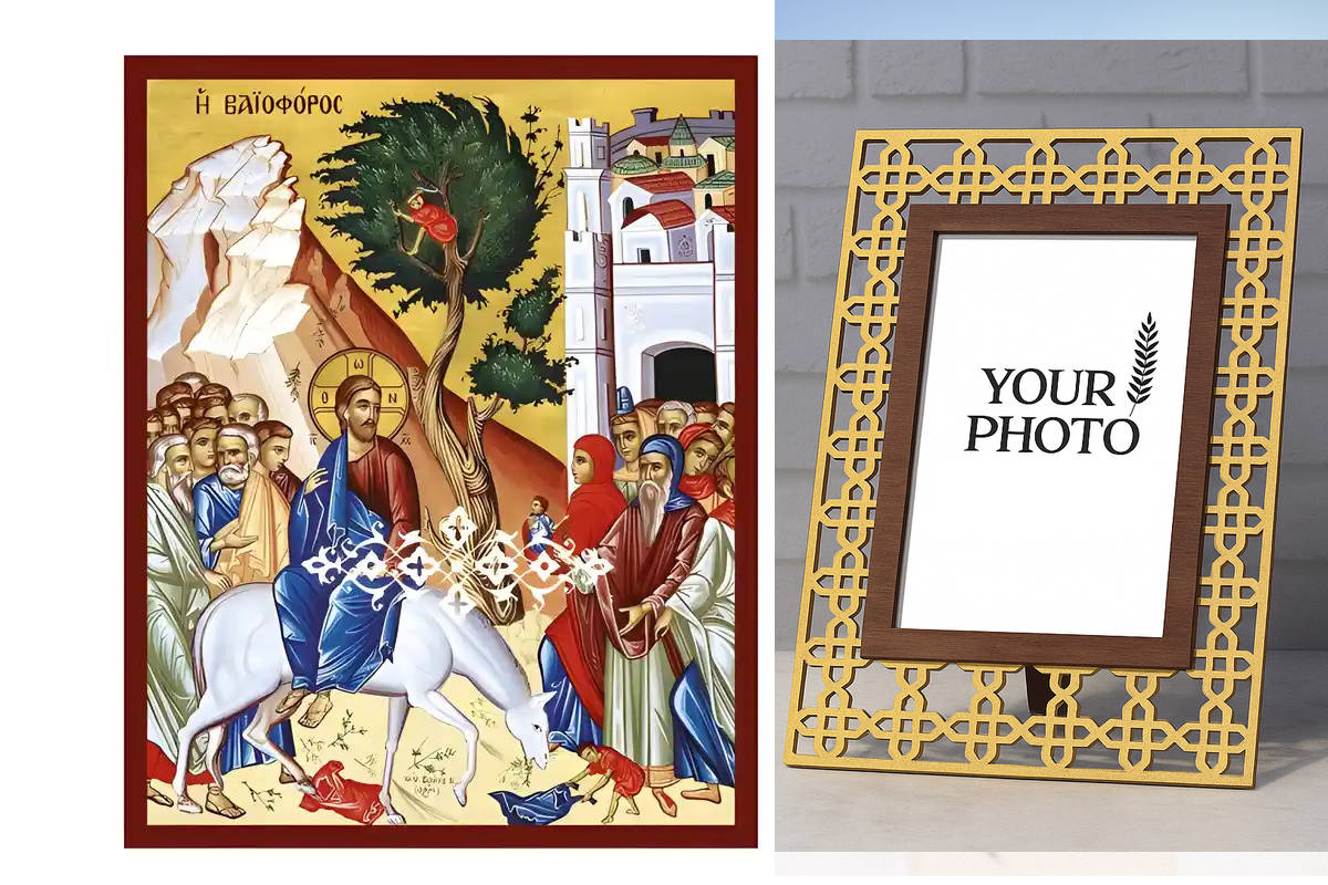 Εικόνα Ορθοδοξίας Πολυτελείας  με  σχεδιο Σταυρούς μαζι με  Βάση σε  8 χρώματα με περίγραμμα χρυσό σε ξύλο Plywood (Πλακάζ)   με  βάση Εικόνα Βαϊοφόρος Χειροποίητη Ελληνορθόδοξη , Κρεμαστή πλάκα βυζαντινής τέχνης, χριστιανική τέχνη Διάσταση 10x7 cm (3,9 x 2,8 ίντσες) INTRAEK3kadro3211-671025