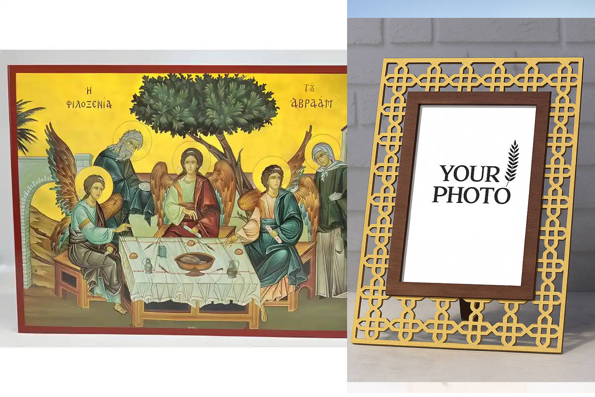 Εικόνα Ορθοδοξίας Πολυτελείας με σχεδιο Σταυρούς μαζι με Βάση σε 8 χρώματα με περίγραμμα χρυσό σε ξύλο Plywood (Πλακάζ) με βάση Εικόνα Φιλοξενία του Αβραάμ Χειροποίητη Ελληνορθόδοξη , Κρεμαστή πλάκα βυζαντινής τέχνης, χριστιανική τέχνη Διάσταση 10x7 cm (3,9 x 2,8 ίντσες) INTRAEK3kadro3211-670917