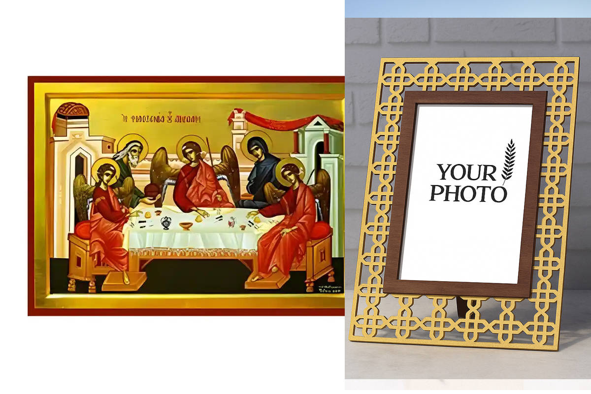 Εικόνα Ορθοδοξίας Πολυτελείας με σχεδιο Σταυρούς μαζι με Βάση σε 8 χρώματα με περίγραμμα χρυσό σε ξύλο Plywood (Πλακάζ) με βάση Εικόνα Φιλοξενία του Αβραάμ Χειροποίητη Ελληνορθόδοξη , Κρεμαστή πλάκα βυζαντινής τέχνης, χριστιανική τέχνη Διάσταση 10x7 cm (3,9 x 2,8 ίντσες) INTRAEK3kadro3211-670916