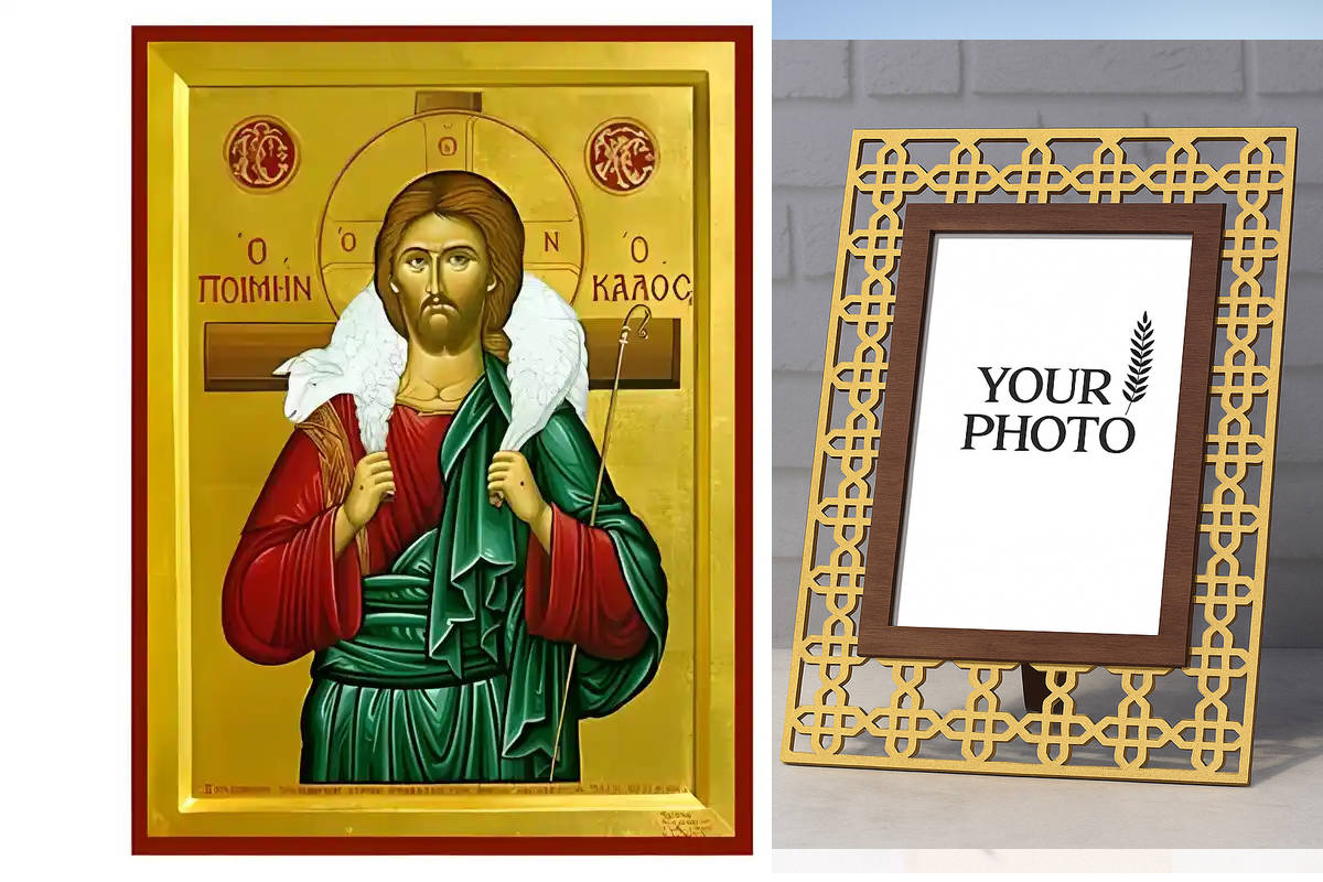 Εικόνα Ορθοδοξίας Πολυτελείας με σχεδιο Σταυρούς μαζι με Βάση σε 8 χρώματα με περίγραμμα χρυσό σε ξύλο Plywood (Πλακάζ) με βάση Εικόνα Καλός Ποιμένας Χειροποίητη Ελληνορθόδοξη , Κρεμαστή πλάκα βυζαντινής τέχνης, χριστιανική τέχνη Διάσταση 10x7 cm (3,9 x 2,8 ίντσες) INTRAEK3kadro3211-670806