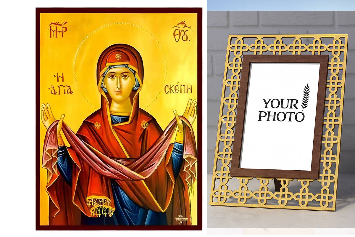 Εικόνα Ορθοδοξίας Πολυτελείας με σχεδιο Σταυρούς μαζι με Βάση σε 8 χρώματα με περίγραμμα χρυσό σε ξύλο Plywood (Πλακάζ) με βάση Εικόνα Παναγία η Αγία Σκέπη Χειροποίητη Ελληνορθόδοξη , Κρεμαστή πλάκα βυζαντινής τέχνης, χριστιανική τέχνη Διάσταση 10x7 cm (3,9 x 2,8 ίντσες) INTRAEK3kadro3211-671277