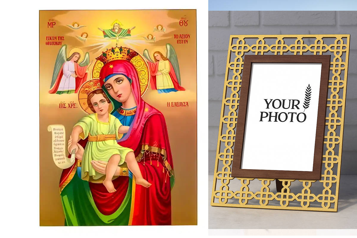 Εικόνα Ορθοδοξίας Πολυτελείας  με  σχεδιο Σταυρούς μαζι με  Βάση σε  8 χρώματα με περίγραμμα χρυσό σε ξύλο Plywood (Πλακάζ)   με  βάση Εικόνα Παναγία Ελεούσα, Άξιον Εστί Χειροποίητη Ελληνορθόδοξη , Κρεμαστή πλάκα βυζαντινής τέχνης, χριστιανική τέχνη Διάσταση 10x7 cm (3,9 x 2,8 ίντσες) INTRAEK3kadro3211-671288