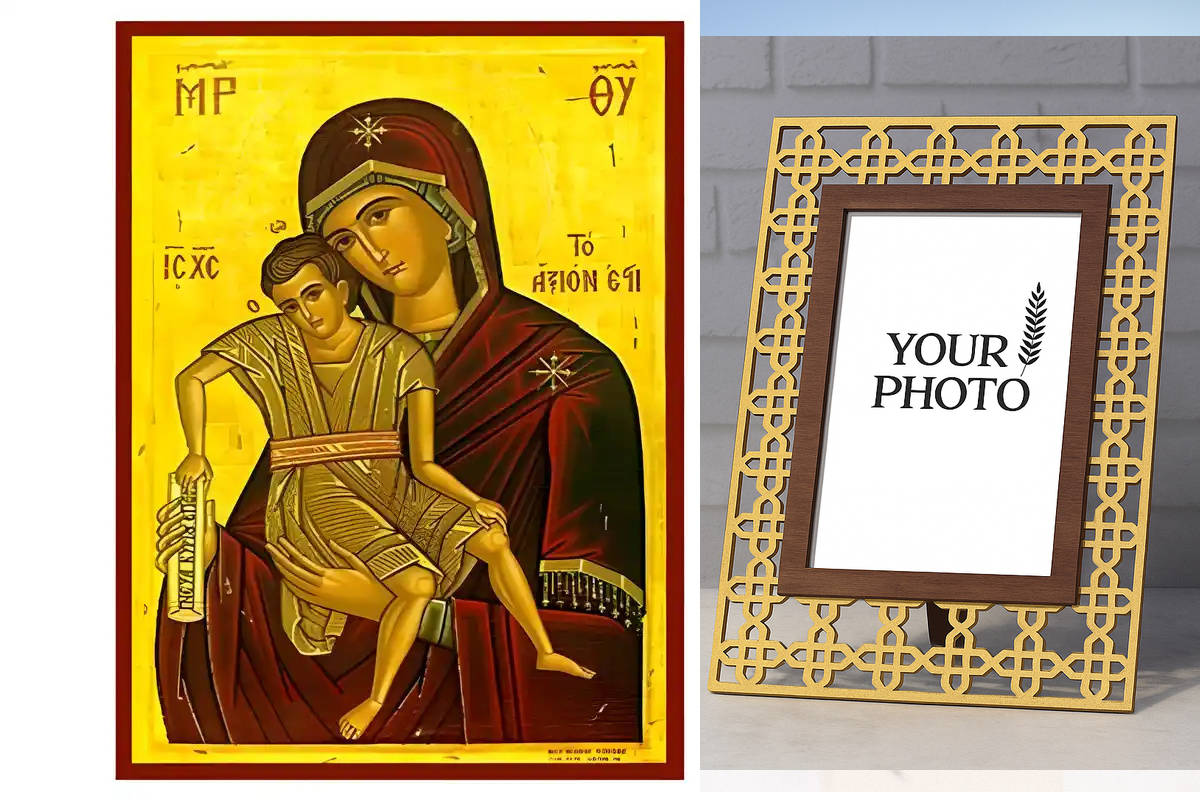 Εικόνα Ορθοδοξίας Πολυτελείας  με  σχεδιο Σταυρούς μαζι με  Βάση σε  8 χρώματα με περίγραμμα χρυσό σε ξύλο Plywood (Πλακάζ)   με  βάση Εικόνα Παναγία με Χριστό, Άξιον Εστί Χειροποίητη Ελληνορθόδοξη , Κρεμαστή πλάκα βυζαντινής τέχνης, χριστιανική τέχνη Διάσταση 10x7 cm (3,9 x 2,8 ίντσες) INTRAEK3kadro3211-671262