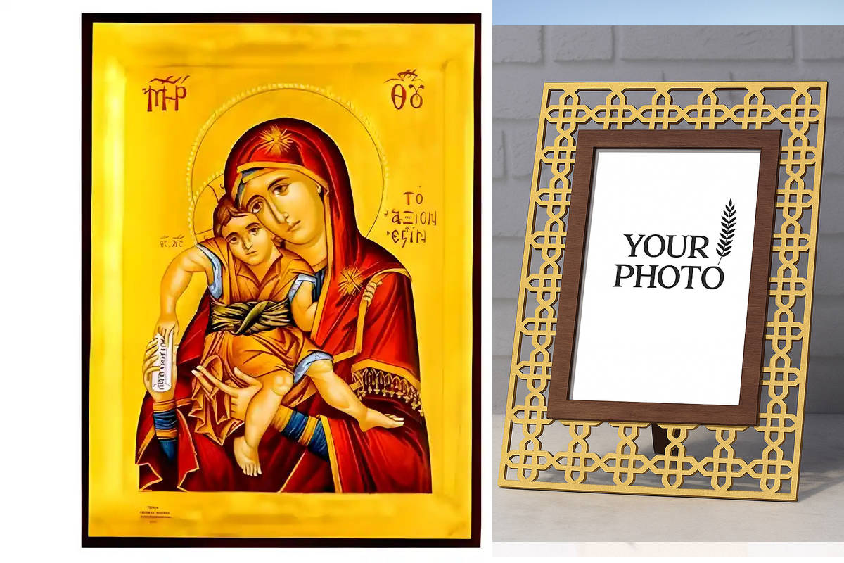 Εικόνα Ορθοδοξίας Πολυτελείας  με  σχεδιο Σταυρούς μαζι με  Βάση σε  8 χρώματα με περίγραμμα χρυσό σε ξύλο Plywood (Πλακάζ)   με  βάση Εικόνα Παναγία με Χριστό, Άξιον Εστί Χειροποίητη Ελληνορθόδοξη , Κρεμαστή πλάκα βυζαντινής τέχνης, χριστιανική τέχνη Διάσταση 10x7 cm (3,9 x 2,8 ίντσες) INTRAEK3kadro3211-671264