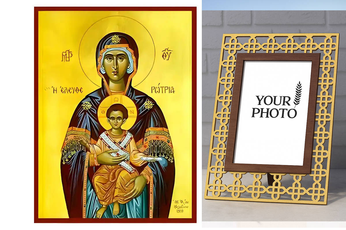 Εικόνα Ορθοδοξίας Πολυτελείας  με  σχεδιο Σταυρούς μαζι με  Βάση σε  8 χρώματα με περίγραμμα χρυσό σε ξύλο Plywood (Πλακάζ)   με  βάση Εικόνα Παναγία Ελευθερώτρια Χειροποίητη Ελληνορθόδοξη , Κρεμαστή πλάκα βυζαντινής τέχνης, χριστιανική τέχνη Διάσταση 15x11 cm (5,9 x 4,3 ίντσες) INTRAEK3kadro3211-8671286