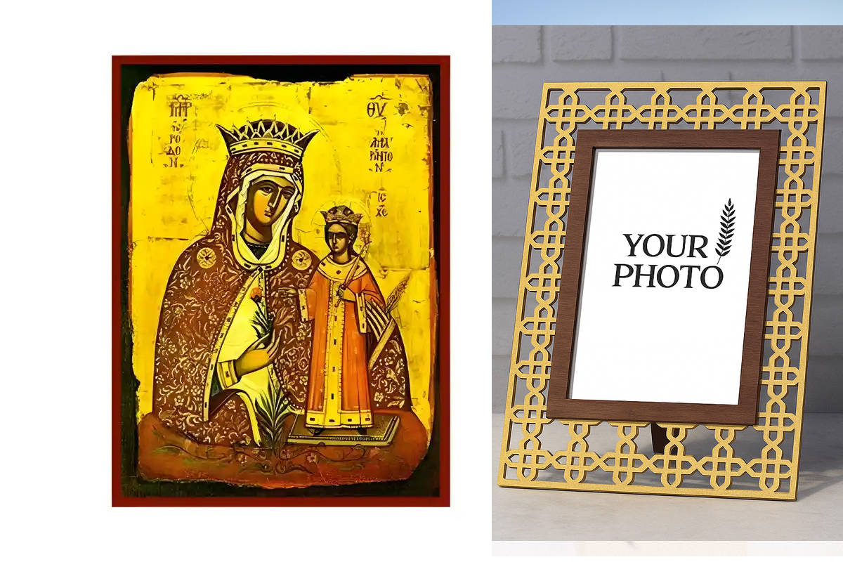 Εικόνα Ορθοδοξίας Πολυτελείας  με  σχεδιο Σταυρούς μαζι με  Βάση σε  8 χρώματα με περίγραμμα χρυσό σε ξύλο Plywood (Πλακάζ)   με  βάση Εικόνα Παναγία Ρόδο το Αμάραντο Χειροποίητη Ελληνορθόδοξη , Κρεμαστή πλάκα βυζαντινής τέχνης, χριστιανική τέχνη Διάσταση 10x7 cm (3,9 x 2,8 ίντσες) INTRAEK3kadro3211-671201