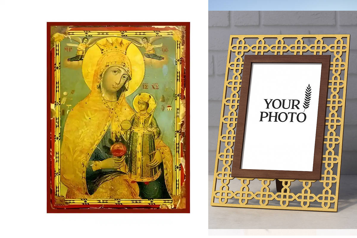 Εικόνα Ορθοδοξίας Πολυτελείας  με  σχεδιο Σταυρούς μαζι με  Βάση σε  8 χρώματα με περίγραμμα χρυσό σε ξύλο Plywood (Πλακάζ)   με  βάση Εικόνα Παναγία Ρόδο το Αμάραντο Χειροποίητη Ελληνορθόδοξη , Κρεμαστή πλάκα βυζαντινής τέχνης, χριστιανική τέχνη Διάσταση 15x11 cm (5,9 x 4,3 ίντσες) INTRAEK3kadro3211-8671204