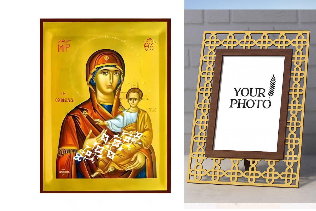 Εικόνα Ορθοδοξίας Πολυτελείας  με  σχεδιο Σταυρούς μαζι με  Βάση σε  8 χρώματα με περίγραμμα χρυσό σε ξύλο Plywood (Πλακάζ)   με  βάση Εικόνα Παναγία Σουμελά Χειροποίητη Ελληνορθόδοξη , Κρεμαστή πλάκα βυζαντινής τέχνης, χριστιανική τέχνη Διάσταση 10x7 cm (3,9 x 2,8 ίντσες) INTRAEK3kadro3211-671200