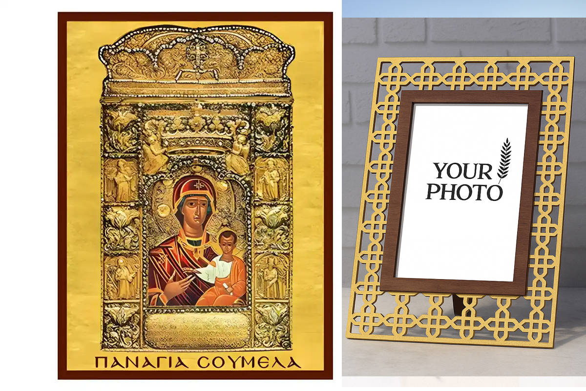 Εικόνα Ορθοδοξίας Πολυτελείας  με  σχεδιο Σταυρούς μαζι με  Βάση σε  8 χρώματα με περίγραμμα χρυσό σε ξύλο Plywood (Πλακάζ)   με  βάση Εικόνα Παναγία Σουμελά Χειροποίητη Ελληνορθόδοξη , Κρεμαστή πλάκα βυζαντινής τέχνης, χριστιανική τέχνη Διάσταση 10x7 cm (3,9 x 2,8 ίντσες) INTRAEK3kadro3211-671199