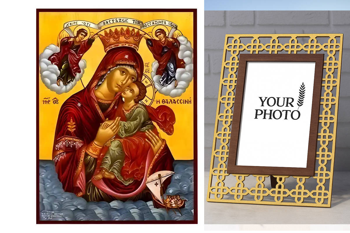 Εικόνα Ορθοδοξίας Πολυτελείας  με  σχεδιο Σταυρούς μαζι με  Βάση σε  8 χρώματα με περίγραμμα χρυσό σε ξύλο Plywood (Πλακάζ)   με  βάση Εικόνα Παναγία Θαλασσινή Χειροποίητη Ελληνορθόδοξη , Κρεμαστή πλάκα βυζαντινής τέχνης, χριστιανική τέχνη Διάσταση 10x7 cm (3,9 x 2,8 ίντσες) INTRAEK3kadro3211-671272