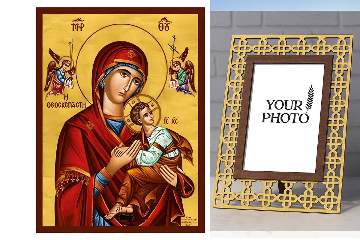 Εικόνα Ορθοδοξίας Πολυτελείας  με  σχεδιο Σταυρούς μαζι με  Βάση σε  8 χρώματα με περίγραμμα χρυσό σε ξύλο Plywood (Πλακάζ)   με  βάση Εικόνα Παναγία Θεοσκέπαστη Χειροποίητη Ελληνορθόδοξη , Κρεμαστή πλάκα βυζαντινής τέχνης, χριστιανική τέχνη Διάσταση 10x7 cm (3,9 x 2,8 ίντσες) INTRAEK3kadro3211-671271